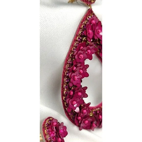 Deepa Gurnani Antropologie Earrings Sequin Beaded Floral Dangle Teardrop Fuschia - Picture 5 of 11